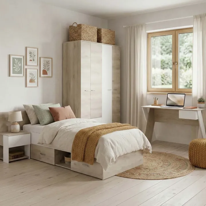 Letto singolo 90x200cm con comodino e cassettoni rovere bianco Francesco