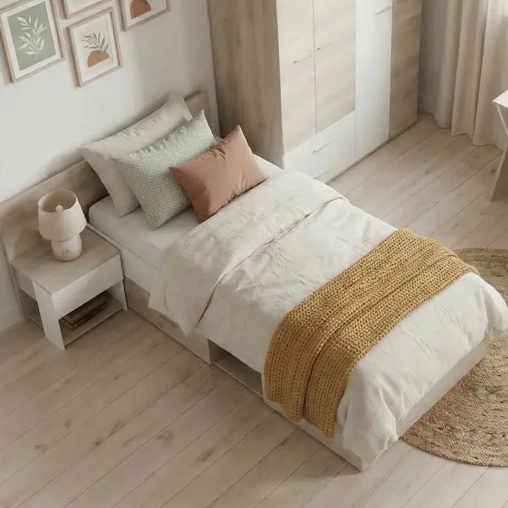 Letto singolo 90x200cm con comodino e cassettoni rovere bianco Francesco