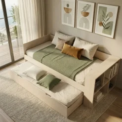Letto singolo 90x200cm con letto estraibile e libreria reversibile rovere Claudio
