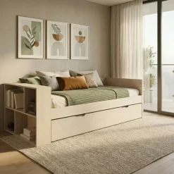 Letto singolo 90x200cm con letto estraibile e libreria reversibile rovere Claudio