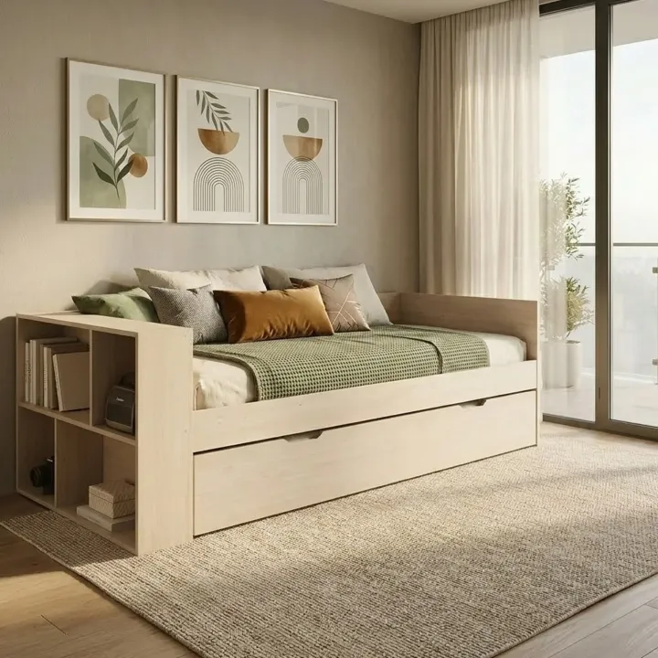 Letto singolo 90x200cm con letto estraibile e libreria reversibile rovere Claudio