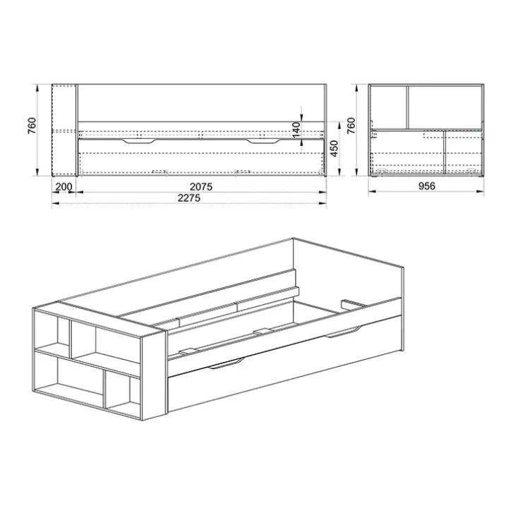 Letto singolo 90x200cm con letto estraibile e libreria reversibile rovere Claudio