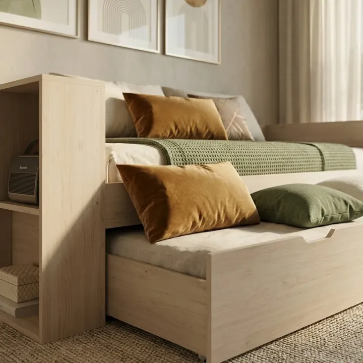 Letto singolo 90x200cm con letto estraibile e libreria reversibile rovere Claudio