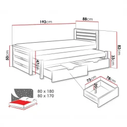 Letto singolo 80x180cm con letto estraibile e 2 cassettoni bianco opaco Kido