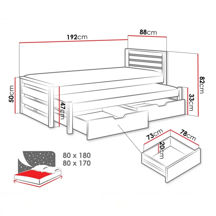 Letto singolo 80x180cm con letto estraibile e 2 cassettoni bianco opaco rovere Kido