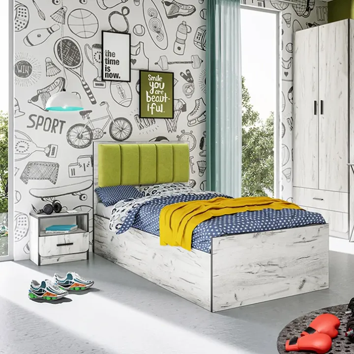 Letto singolo 90x200cm contenitore bianco rustico verde Zadar