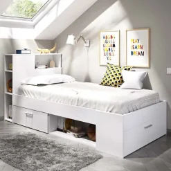 Letto singolo 90x190cm reversibile 2 cassetti con libreria bianco Derby