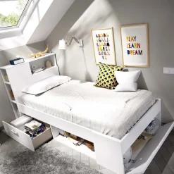 Letto singolo 90x190cm reversibile 2 cassetti con libreria bianco Derby