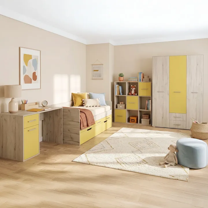Letto singolo 90x200 con letto estraibile e 3 cassetti bianco frassinato giallo Bra