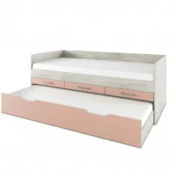 Letto singolo 90x200 con letto estraibile e 3 cassetti bianco frassinato rosa Bra