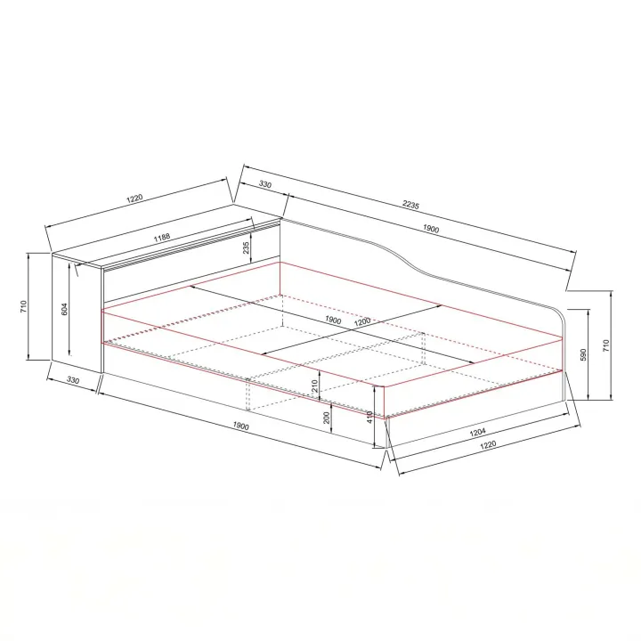 Letto 120x190cm contenitore una piazza e mezza con comò rovere rustico Joel