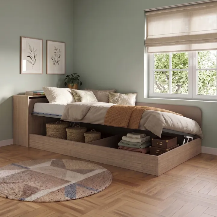 Letto 120x190cm contenitore una piazza e mezza con comò rovere scuro marrone Joel