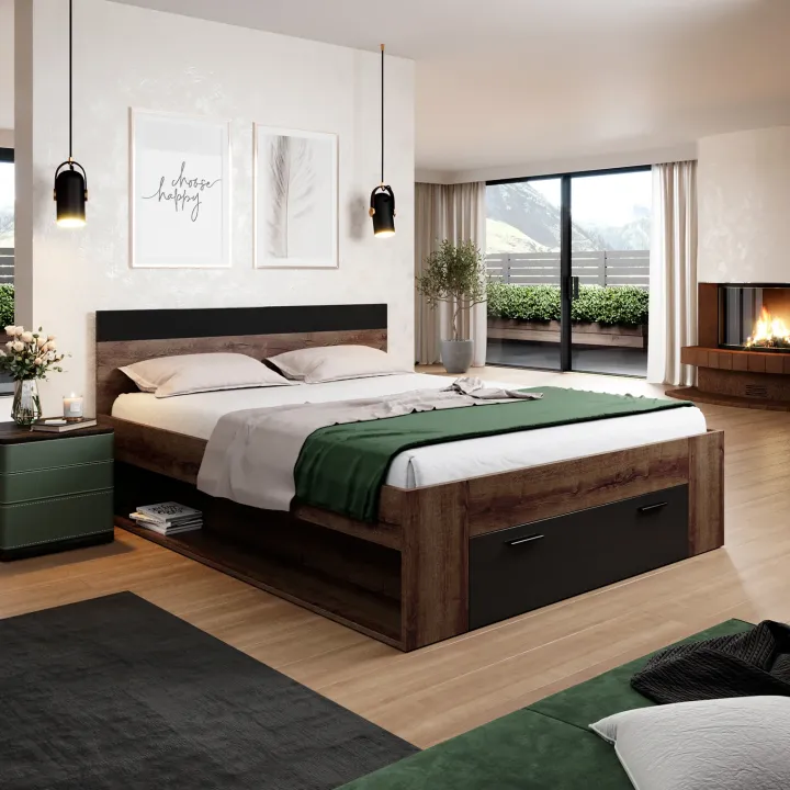 Letto 160x200cm matrimoniale contenitore rovere nero opaco Lisbona Gihome®