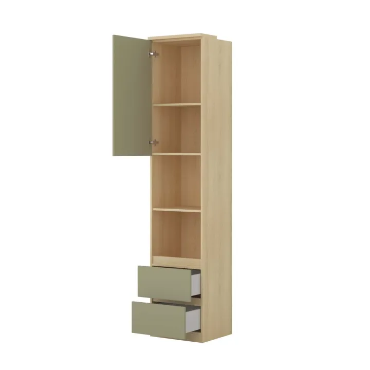 Libreria a colonna 45x215h cm 1 anta 2 vani a vista 2 cassetti verde salvia rovere Elvira