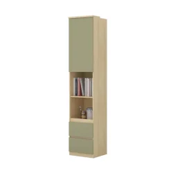 Libreria a colonna 45x215h cm 1 anta 2 vani a vista 2 cassetti verde salvia rovere Elvira