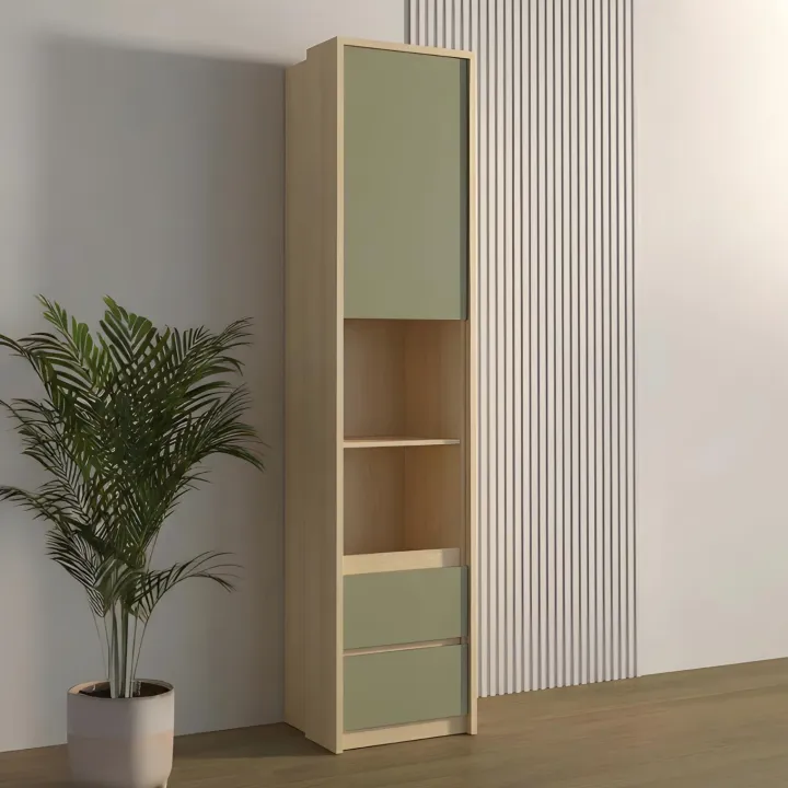 Libreria a colonna 45x215h cm 1 anta 2 vani a vista 2 cassetti verde salvia rovere Elvira