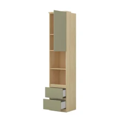 Libreria a colonna 45x215h cm 1 anta 2 vani a vista 2 cassetti verde salvia rovere Elvira