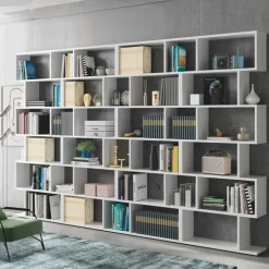 Libreria da parete 320x192h cm moderna soggiorno bianco opaco Amira
