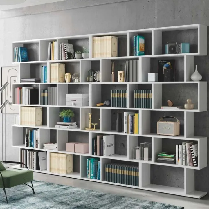 Libreria da parete 320x192h cm moderna soggiorno bianco opaco Amira