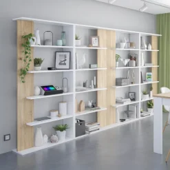 Libreria da parete 360x180h cm moderna soggiorno rovere bianco Aline