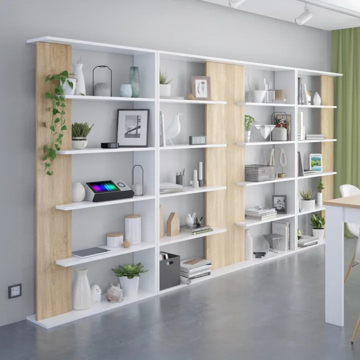 Libreria da parete 360x180h cm moderna soggiorno rovere bianco Aline
