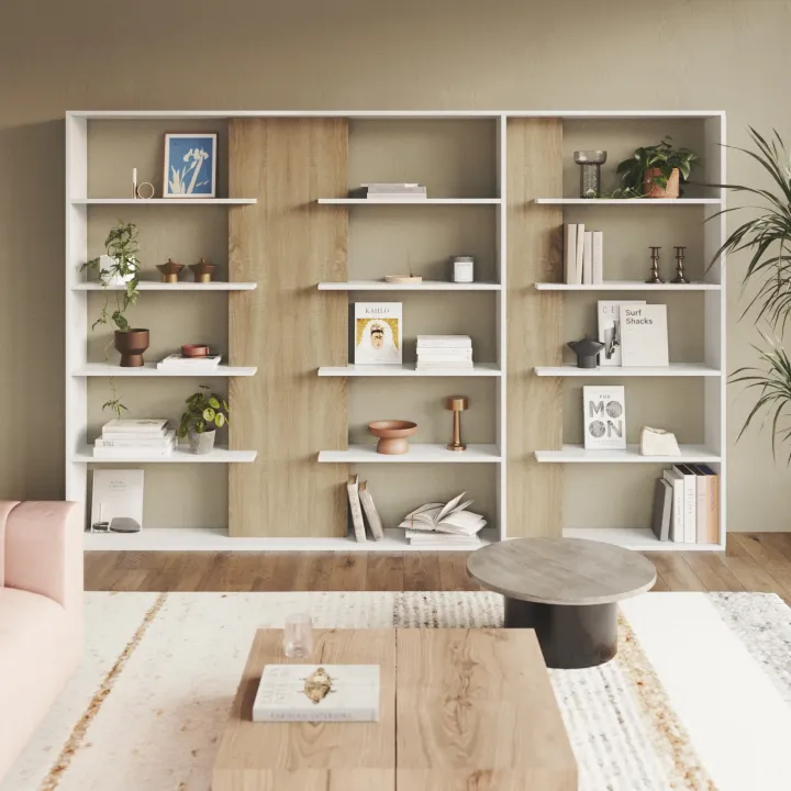 Libreria da parete 270x180h cm moderna soggiorno rovere bianco Libris Aline 3