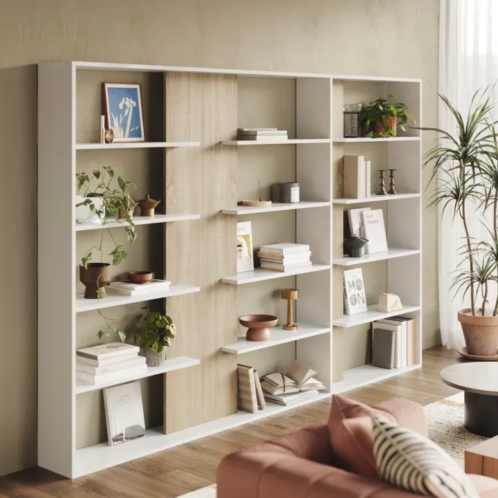 Libreria da parete 270x180h cm moderna soggiorno rovere bianco Libris Aline 3
