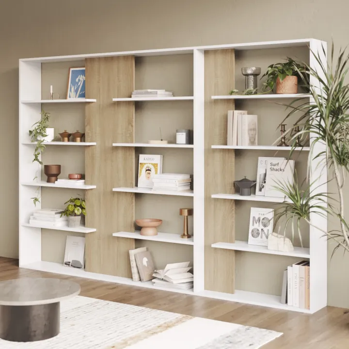 Libreria da parete 270x180h cm moderna soggiorno rovere bianco Libris Aline 3