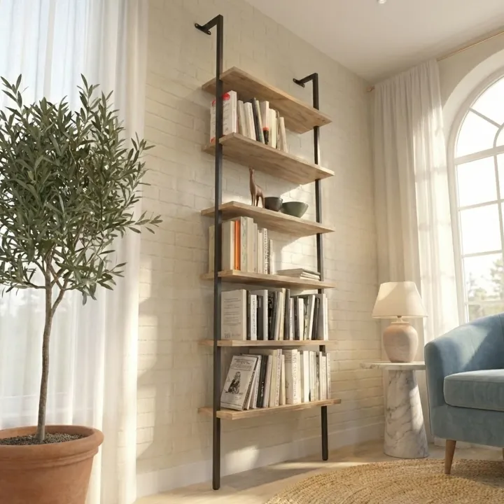 Libreria da parete 72x181h cm 6 ripiani industrial rovere metallo nero Biak
