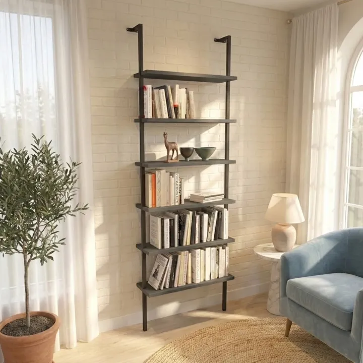 Libreria da parete 72x181h cm 6 ripiani industrial antracite metallo nero Biak