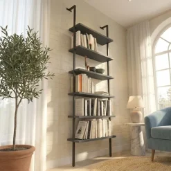 Libreria da parete 72x181h cm 6 ripiani industrial antracite metallo nero Biak