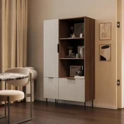 Libreria 90x166h cm 3 ante 3 vani a giorno beige cashmere noce Serenia