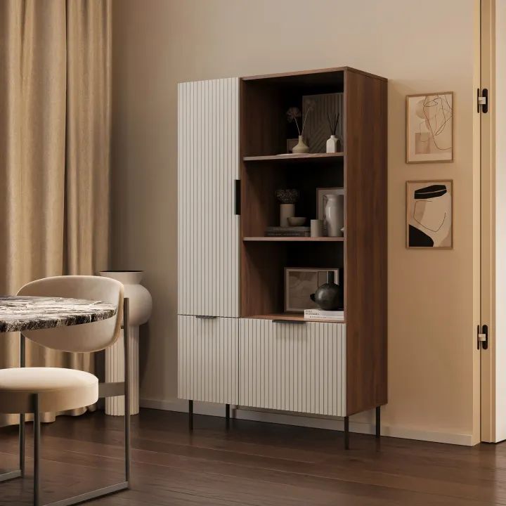 Libreria 90x166h cm 3 ante 3 vani a giorno beige cashmere noce Serenia