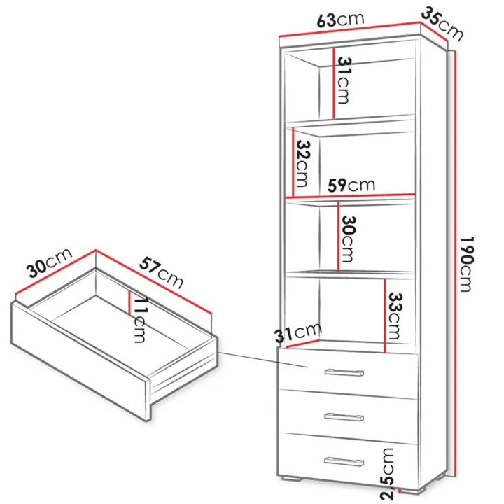 Libreria 63x190h cm 3 cassetti design moderno bianco Pastello