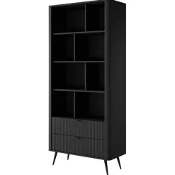 Libreria 88x194h cm 2 cassetti 8 vani a giorno nero opaco cannettato Ramis