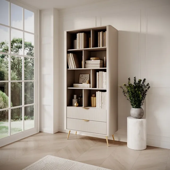 Libreria 88x194h cm 2 cassetti 8 vani a giorno beige cannettato Ramis