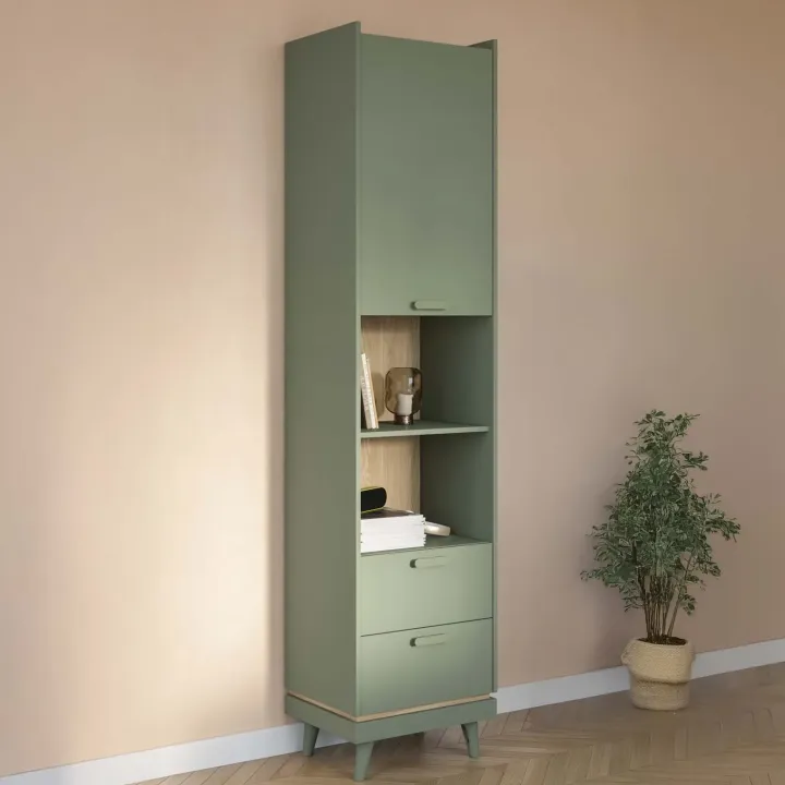 Libreria 50x215h cm 2 cassetti 2 vani a giorno verde salvia Yu