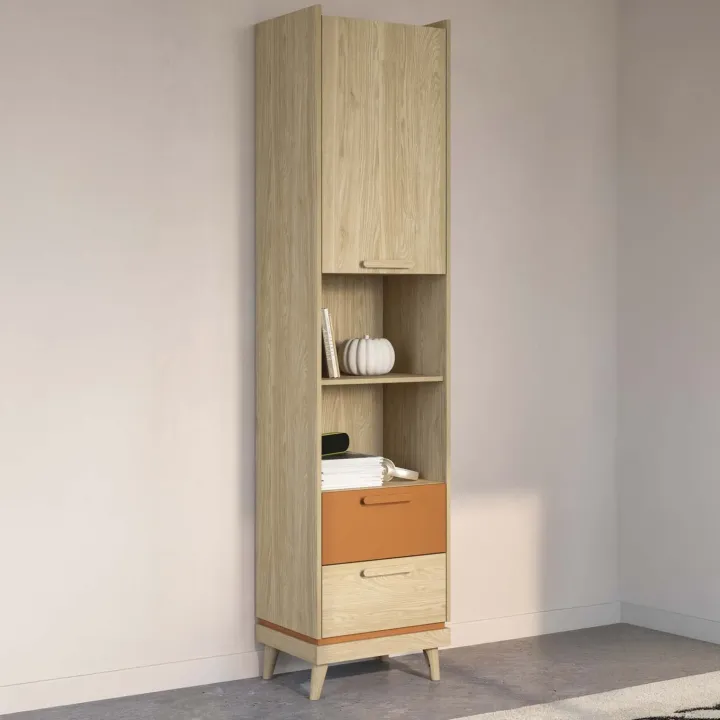 Libreria 50x215h cm 2 cassetti 2 vani a giorno rovere rosso mattone Yu