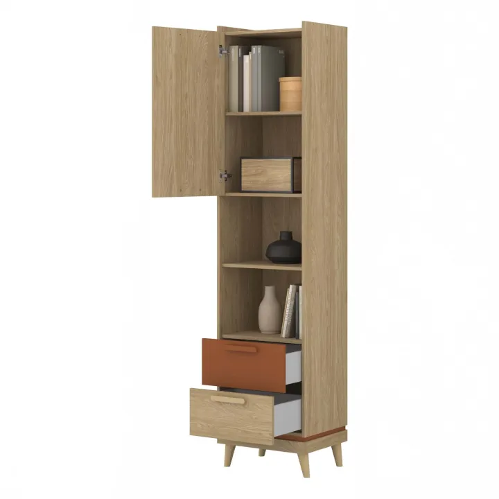 Libreria 50x215h cm 2 cassetti 2 vani a giorno rovere rosso mattone Yu