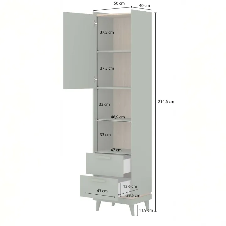 Libreria 50x215h cm 2 cassetti 2 vani a giorno rovere rosso mattone Yu