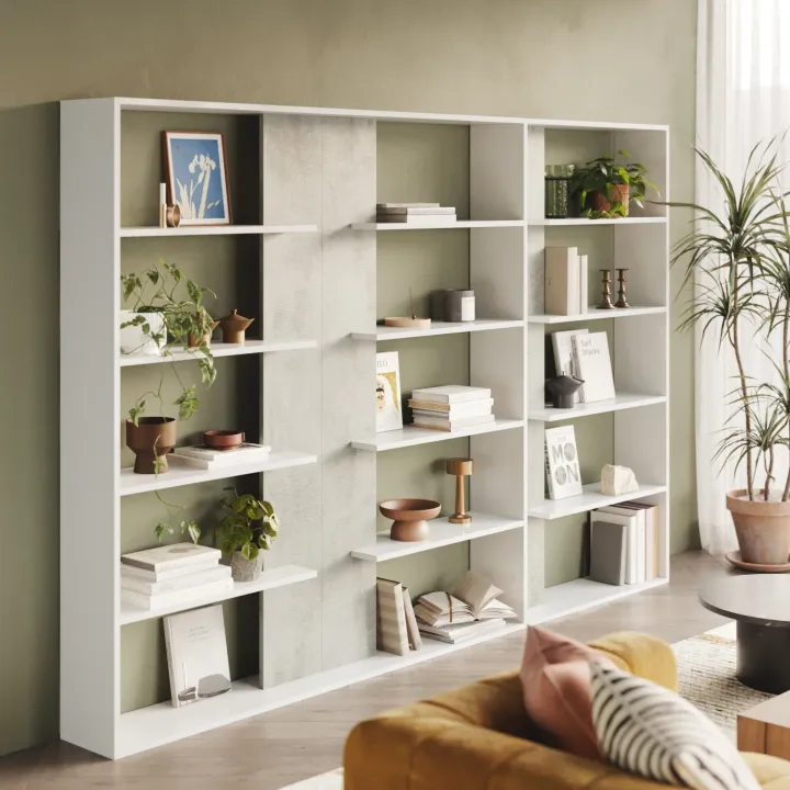 Libreria 270x180h cm moderna design bianco opaco cemento Libris Aline 3