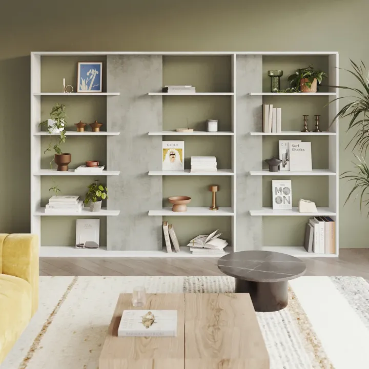 Libreria 270x180h cm moderna design bianco opaco cemento Libris Aline 3