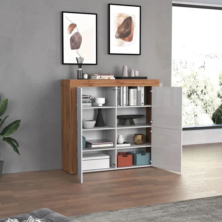 Madia alta moderna 140x130h cm bianco lucido rovere Block