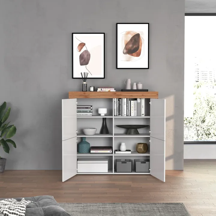 Madia alta moderna 140x130h cm bianco lucido rovere Block