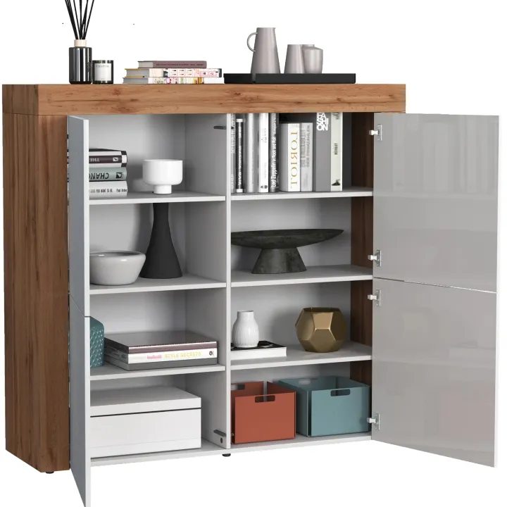Madia alta moderna 140x130h cm bianco lucido rovere Block