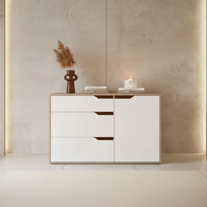 Madia moderna 120x71h cm 1 anta 3 cassetti rovere bianco Misty