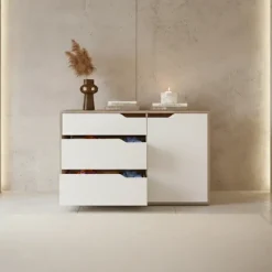 Madia moderna 120x71h cm 1 anta 3 cassetti rovere bianco Misty