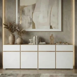 Madia moderna 225x78h cm 4 ante 4 cassetti bianco rovere Lolla