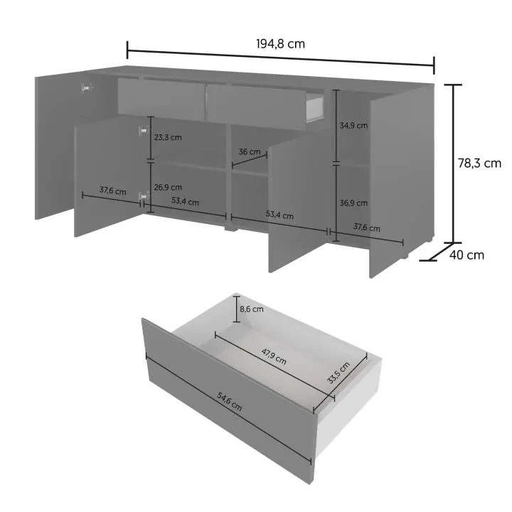 Madia moderna 195x78h cm 4 ante 2 cassetti nero Edge