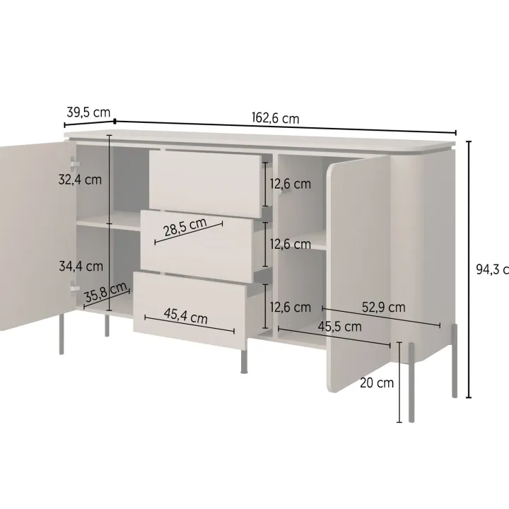 Madia moderna 163x95h cm 2 ante 3 cassetti tortora Carty